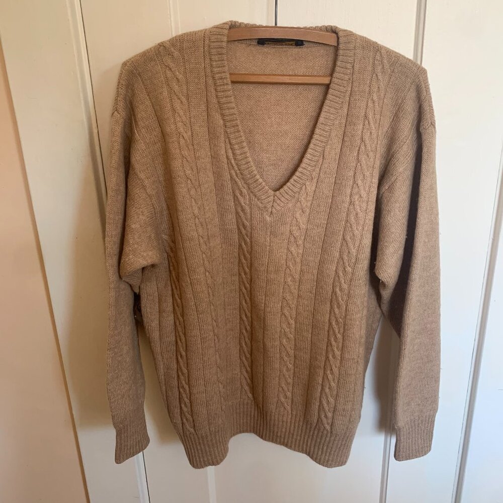 VTG 60s Men XL Sweater Camel Hair Wool Blend Cable Knit Pullover V-Neck Italian